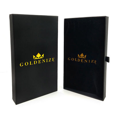Stylische schwarze steife Schublade mit Goldfolie Custom Logo und weiche Samtverkleidung
