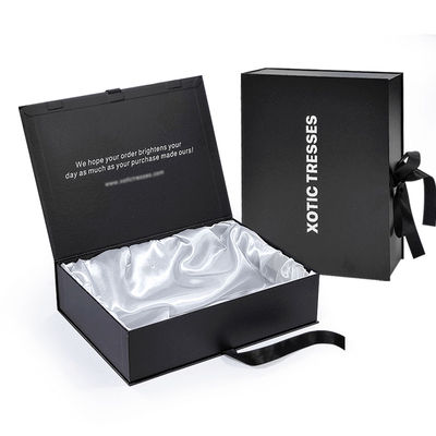 Custom High End Schwarze Magnetbox Kleidung Karton Geschenkverpackung Menschenhaar Verpackungskiste mit Satinseide