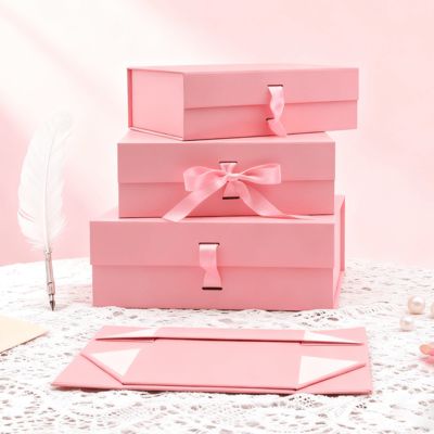 Individuelle Logo-Qualität Schleifenband-Faltschachtel Rosa Schwarz Rechteckige Form Magnetische Kunstpapier-Verpackung für Mattlaminierung Prägung