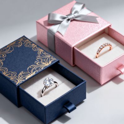 Vintage Luxus Individuelles Logo Ringboxen Elfenbein Karton mit Schwamm Samtfutter Prägung Lackierung UV-Beschichtung Druckbearbeitung