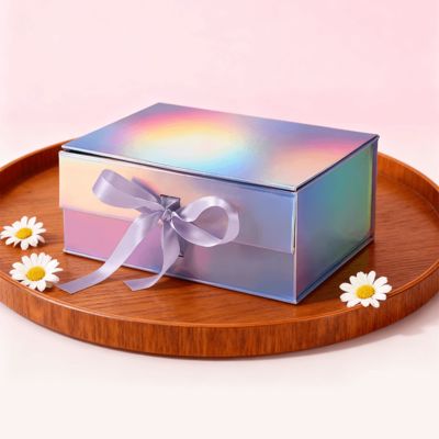 Deluxe Holographic Flip Top Magnetic Lid Gift Packaging Box Beautiful With Ribbon Recycled Materials For Socks